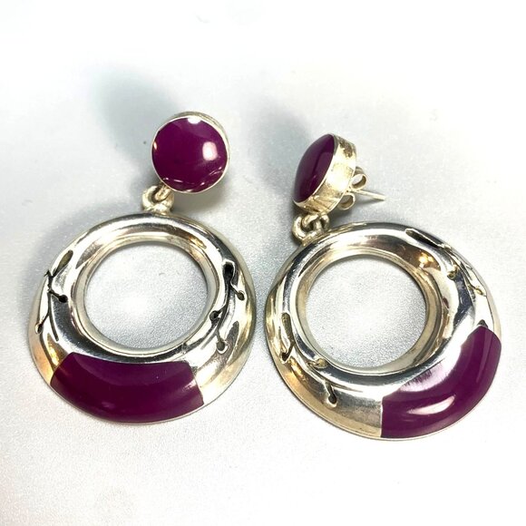 950 Sterling Silver Purple Turquoise Door Knocker Dangle Earrings Size 2" Length - Picture 1 of 10